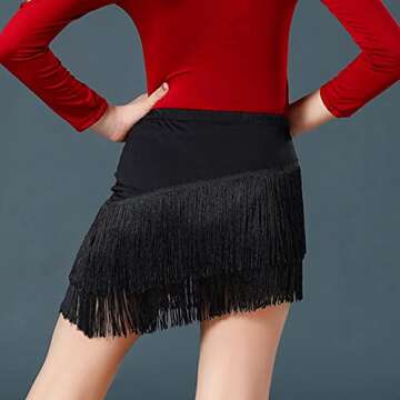 Libaobaoyo Girls Fringe Dance Skirt Mini Layered Tassel Latin Ballroom Tango Performance Outfits Bla...