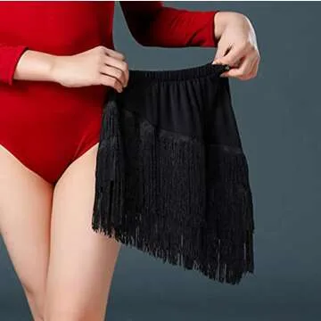 Libaobaoyo Girls Fringe Dance Skirt Mini Layered Tassel Latin Ballroom Tango Performance Outfits Black