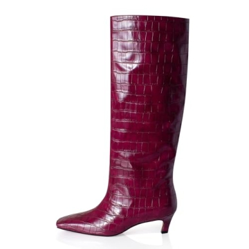 iadore Women's Western knight Vegan Leather Crocodile Printed Square Toe Kitten Heel Wide Straight Shaft Knee High Boots 2 Inch Burgundy 7.5US