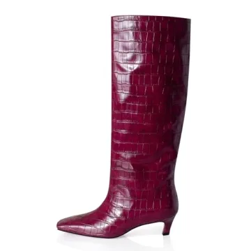 iadore Women's Western knight Vegan Leather Crocodile Printed Square Toe Kitten Heel Wide Straight Shaft Knee High Boots 2 Inch Burgundy 7.5US