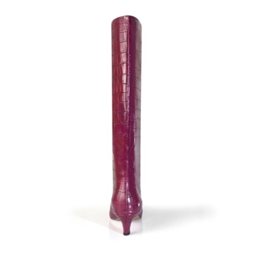 iadore Women's Western knight Vegan Leather Crocodile Printed Square Toe Kitten Heel Wide Straight Shaft Knee High Boots 2 Inch Burgundy 7.5US