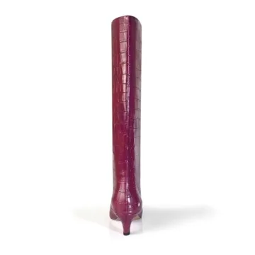 iadore Women's Western knight Vegan Leather Crocodile Printed Square Toe Kitten Heel Wide Straight Shaft Knee High Boots 2 Inch Burgundy 7.5US