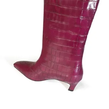 iadore Women's Western knight Vegan Leather Crocodile Printed Square Toe Kitten Heel Wide Straight Shaft Knee High Boots 2 Inch Burgundy 7.5US