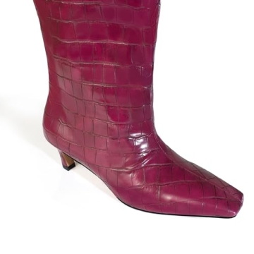 iadore Women's Western knight Vegan Leather Crocodile Printed Square Toe Kitten Heel Wide Straight Shaft Knee High Boots 2 Inch Burgundy 7.5US