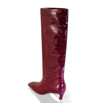 iadore Women's Western knight Vegan Leather Crocodile Printed Square Toe Kitten Heel Wide Straight Shaft Knee High Boots 2 Inch Burgundy 7.5US