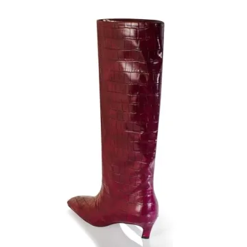 iadore Women's Western knight Vegan Leather Crocodile Printed Square Toe Kitten Heel Wide Straight Shaft Knee High Boots 2 Inch Burgundy 7.5US