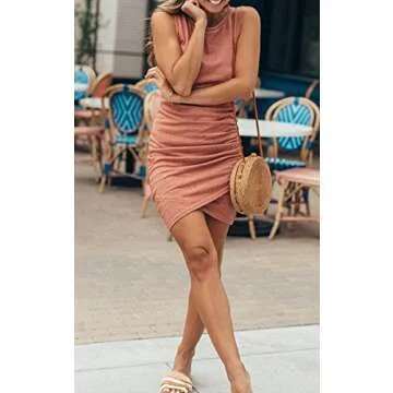 ECOWISH Women Dress Summer Casual Crew Neck Ruched Stretchy Bodycon T Shirt Short Mini Dress 106 Pink Large