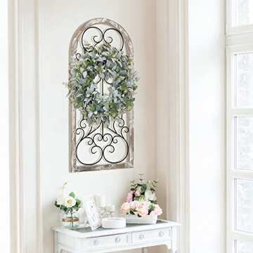 RiteSune Rustic Wood and Metal Arch Wall Decor, Vintage Style Iron Window Frame Panel, Distressed Fa...