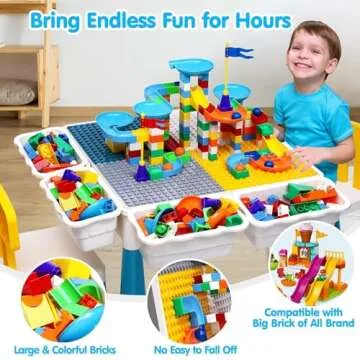 Kids Activity Table Toddlers Kids Table and Chair Set with 152Pcs Large Marble Run Building Blocks All in One Kids Play Table Water Table Sand Table, STEM Toys for Boys Girls 3 4 5 6 Year Old