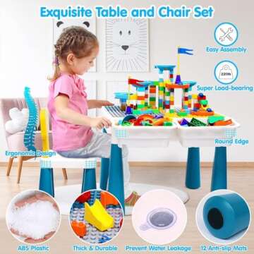 Kids Activity Table Toddlers Kids Table and Chair Set with 152Pcs Large Marble Run Building Blocks All in One Kids Play Table Water Table Sand Table, STEM Toys for Boys Girls 3 4 5 6 Year Old