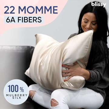Blissy Silk Pillowcase - 100% Pure Mulberry Silk - 22 Momme 6A High-Grade Fibers - Silk Pillow Cover for Hair & Skin - Regular, Queen & King with Hidden Zipper (Queen, Champagne)