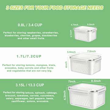 TBMAXS 3 Pack Fruit Storage Containers for Fridge, Produce Saver Vegetable Container with Drain Colanders - Refrigerator Organizer for Lettuce Berry Keepers