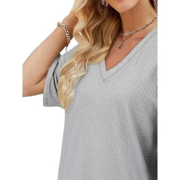 MEROKEETY Womens Half Sleeve V Neck Tops Waffle Drop Shoulder Batwing Pullover Blouse Tops,Lightgrey, S