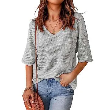 MEROKEETY Womens Half Sleeve V Neck Tops Waffle Drop Shoulder Batwing Pullover Blouse Tops,Lightgrey, S