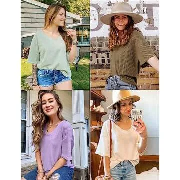 MEROKEETY Womens Half Sleeve V Neck Tops Waffle Drop Shoulder Batwing Pullover Blouse Tops,Lightgrey, S