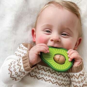Nuby Silicone Avocado Teether with Spinning Wood Seed- 3+ Months