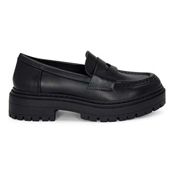 Skye - Women's Lug Sole Slip On Low Heel Platform Penny Loafers (All Black, 7.5)