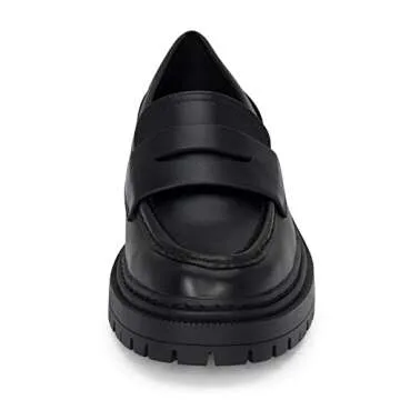 Skye - Women's Lug Sole Slip On Low Heel Platform Penny Loafers (All Black, 7.5)