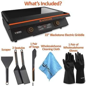 22 Inch Blackstone Electric Griddle Nonstick with Lid, 8001 E-Series Tabletop Large Griddle with Blackstone Griddle Accessories and Reusable Gloves and Cloth (8001-8202-GL-CL)