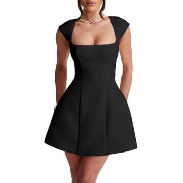 LuFeng Women's Square Neck Cap Sleeve Fully Lined Mini Dress Zipper A Line Party Club Dresses Black