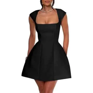 LuFeng Women's Square Neck Cap Sleeve Fully Lined Mini Dress Zipper A Line Party Club Dresses Black