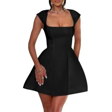 LuFeng Women's Square Neck Cap Sleeve Fully Lined Mini Dress Zipper A Line Party Club Dresses Black