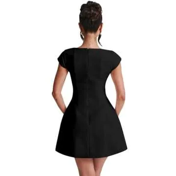 LuFeng Women's Square Neck Cap Sleeve Fully Lined Mini Dress Zipper A Line Party Club Dresses Black