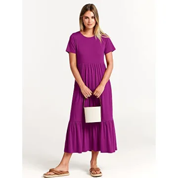 ANRABESS Women Summer Casual Short Sleeve Crewneck Aline Swing Flowy Tiered Shirt Maxi Beach Long Dress 2025 Trendy Outfits Large Fuchsia