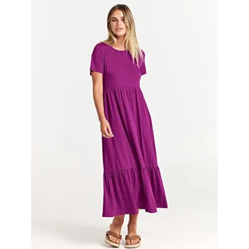 ANRABESS Women Summer Casual Short Sleeve Crewneck Aline Swing Flowy Tiered Shirt Maxi Beach Long Dress 2025 Trendy Outfits Large Fuchsia
