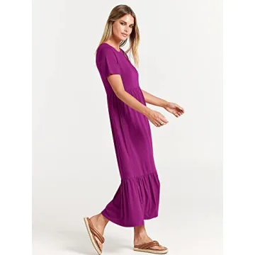 ANRABESS Women Summer Casual Short Sleeve Crewneck Aline Swing Flowy Tiered Shirt Maxi Beach Long Dress 2025 Trendy Outfits Large Fuchsia