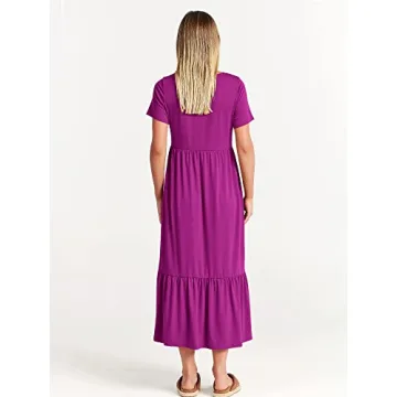 ANRABESS Women Summer Casual Short Sleeve Crewneck Aline Swing Flowy Tiered Shirt Maxi Beach Long Dress 2025 Trendy Outfits Large Fuchsia