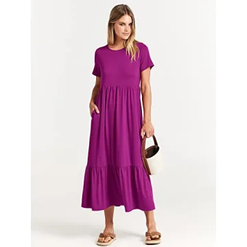 ANRABESS Women Summer Casual Short Sleeve Crewneck Aline Swing Flowy Tiered Shirt Maxi Beach Long Dress 2025 Trendy Outfits Large Fuchsia
