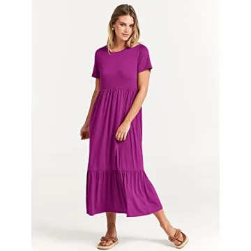 ANRABESS Women Summer Casual Short Sleeve Crewneck Aline Swing Flowy Tiered Shirt Maxi Beach Long Dress 2025 Trendy Outfits Large Fuchsia
