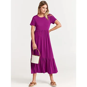ANRABESS Women Summer Casual Short Sleeve Crewneck Aline Swing Flowy Tiered Shirt Maxi Beach Long Dress 2025 Trendy Outfits Large Fuchsia