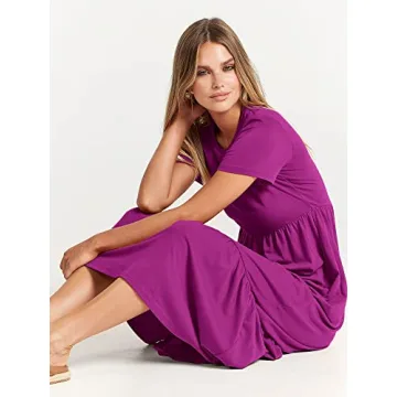 ANRABESS Women Summer Casual Short Sleeve Crewneck Aline Swing Flowy Tiered Shirt Maxi Beach Long Dress 2025 Trendy Outfits Large Fuchsia