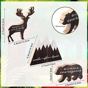 Jetec 3 Sets Wooden Mountain Decor Woodland Inspirational Quote Wood Sign Wander Explore Discover Neutral Nursery Table Decoration Centerpiece Wooden Mountain Deer Bear Decor for Room