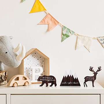 Jetec 3 Sets Wooden Mountain Decor Woodland Inspirational Quote Wood Sign Wander Explore Discover Neutral Nursery Table Decoration Centerpiece Wooden Mountain Deer Bear Decor for Room