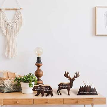 Jetec 3 Sets Wooden Mountain Decor Woodland Inspirational Quote Wood Sign Wander Explore Discover Neutral Nursery Table Decoration Centerpiece Wooden Mountain Deer Bear Decor for Room
