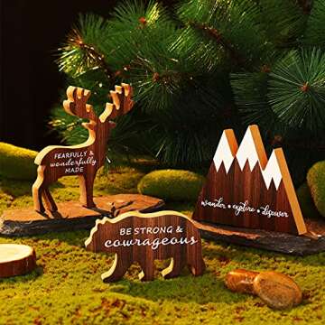 Jetec 3 Sets Wooden Mountain Decor Woodland Inspirational Quote Wood Sign Wander Explore Discover Neutral Nursery Table Decoration Centerpiece Wooden Mountain Deer Bear Decor for Room