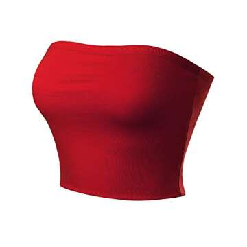 MixMatchy Women's Double Layered Basic Casual Strapless Backless Bandeau Bra Tube Top Red M