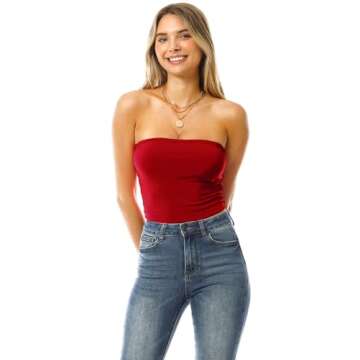 MixMatchy Women's Double Layered Basic Casual Strapless Backless Bandeau Bra Tube Top Red M
