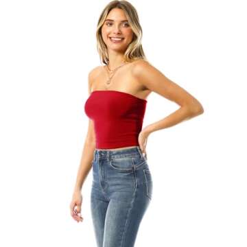 MixMatchy Women's Double Layered Basic Casual Strapless Backless Bandeau Bra Tube Top Red M