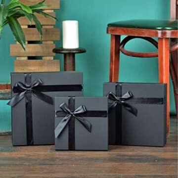 Black Gift Box - 3 Piece Nested Luxury Gift Box Set, Empty Black Gift Boxes with Lids & Ribbon Assor...