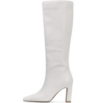 Lovee Cosee White Leather Boots for Women Knee High Tall Boots for Women Square Toe Chunky Heels Gog...