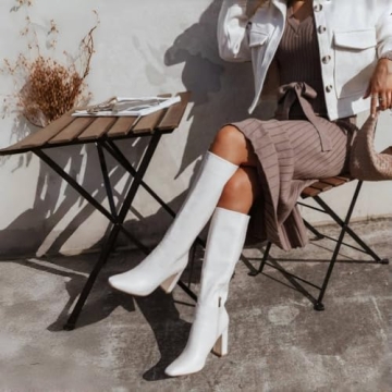 Lovee Cosee White Knee High Chunky Heels for Women
