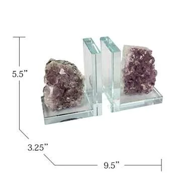 Sagebrook Home Glass and Amethyst Bookend, Decorative Book Ends for Shelves, Book Stopper Decor, Book Holder Supports for Books, Cookbooks, Video Games, Movies, 9.5" x 3.25" x 5.5", Purple, Set of 2