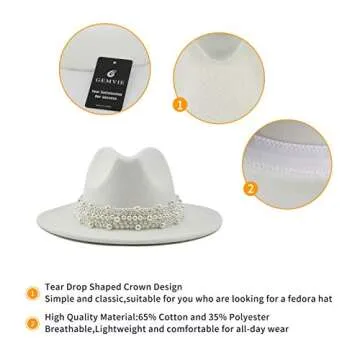 EOZY Women's Vintage Pearl Band Fedora Hat Trendy Wide Brim Trilby Panama Hat/White