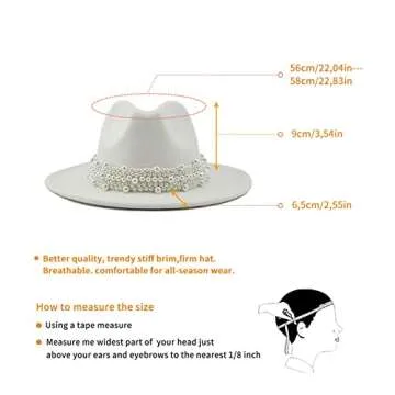 EOZY Women's Vintage Pearl Band Fedora Hat Trendy Wide Brim Trilby Panama Hat/White