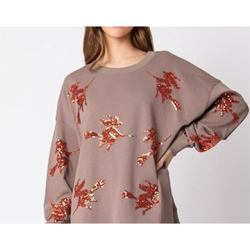 Melliflo Womens Sequin Halloween Witch Print Pullover Sweatshirts Crewneck Long Sleeve Oversized Sweatshirt Fall Gray