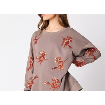 Melliflo Womens Sequin Halloween Witch Print Pullover Sweatshirts Crewneck Long Sleeve Oversized Sweatshirt Fall Gray